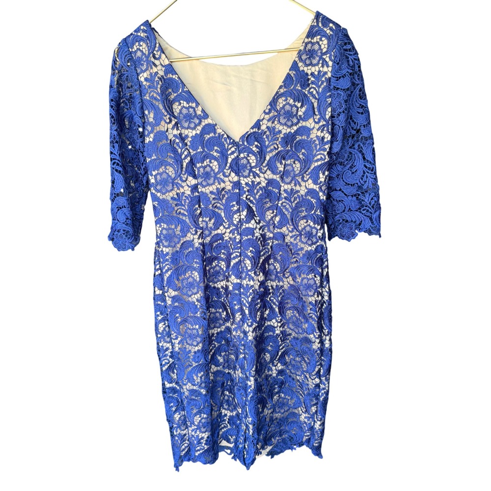 Eliza J Royal Blue Floral Guipure Lace V-Neck Sheath Cocktail Dress Size 10 - Picture 10 of 15